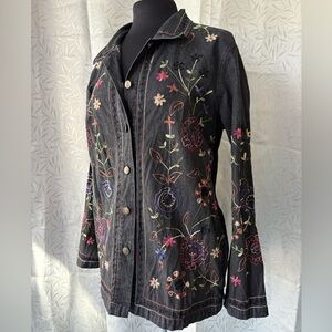Denim&Co Gray/Black Floral Embroidered Jean Jacket
